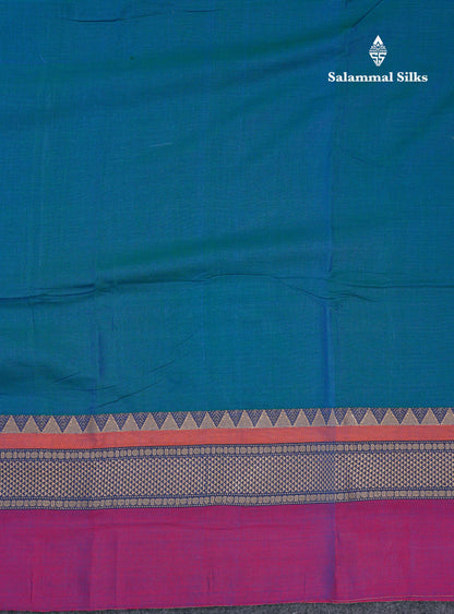 Beautiful Dual Tone Peacock Blue Plain Pure Cotton Saree With Contrast Magenta Traditional Evening Morning Border
