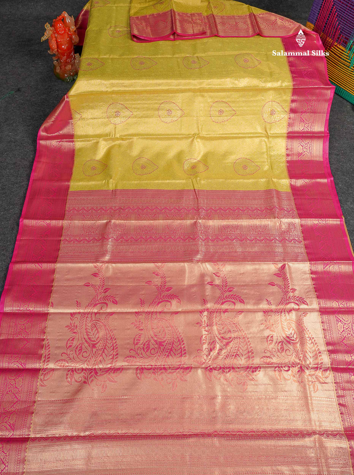 Tissue Semi Silk Saree - Yellow Colour Body With Contrast Pink Border
