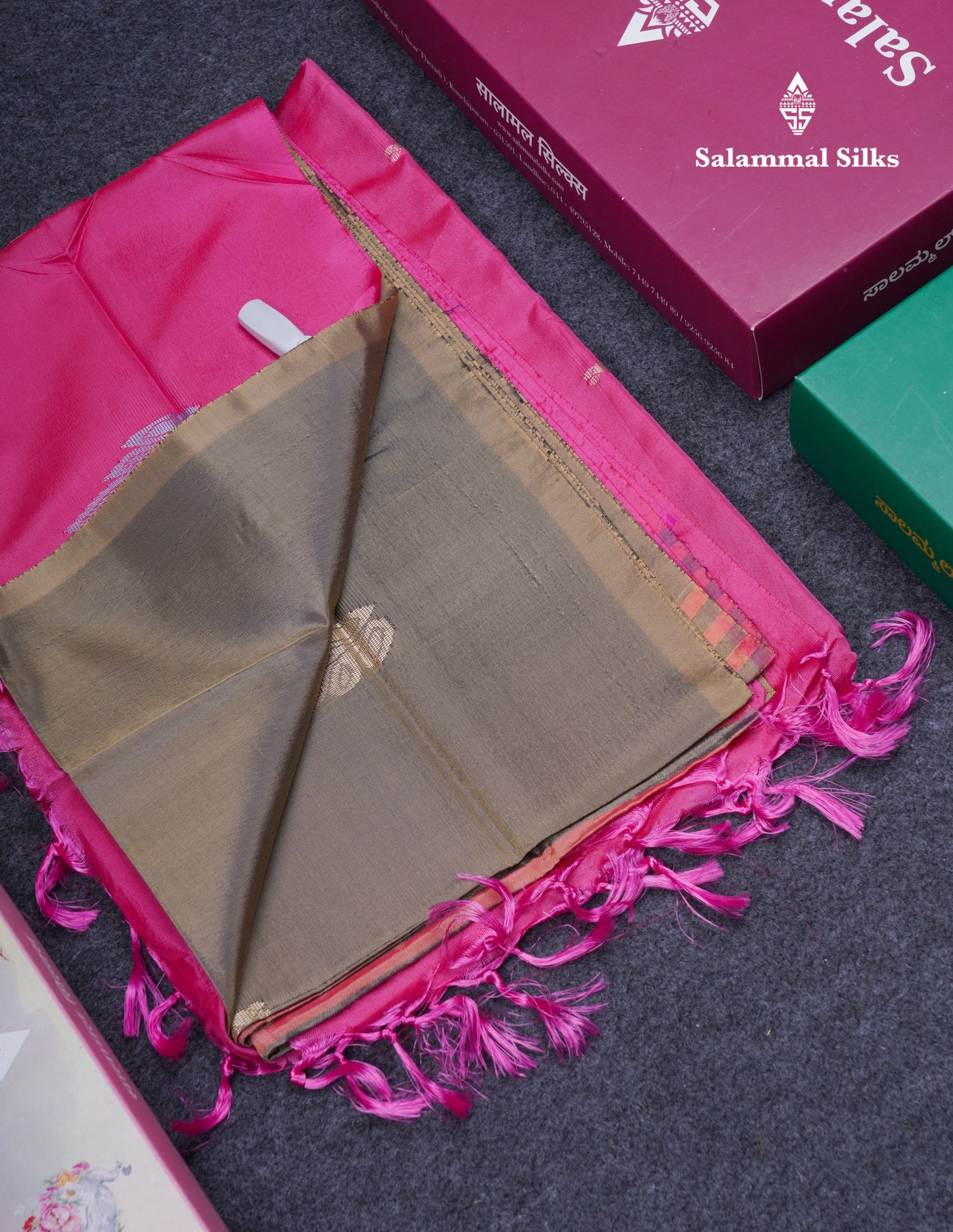 Olive Mustard Yellow Thread work Buttas Banana Pinth Saree (Vaazhainaar Pattu) With Contrast Magenta Pink Blouse