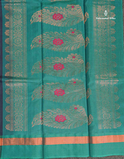 SICO Cotton Saree - Dark Navy Blue Colour Body Zari Butta With Sapphire Green Blouse