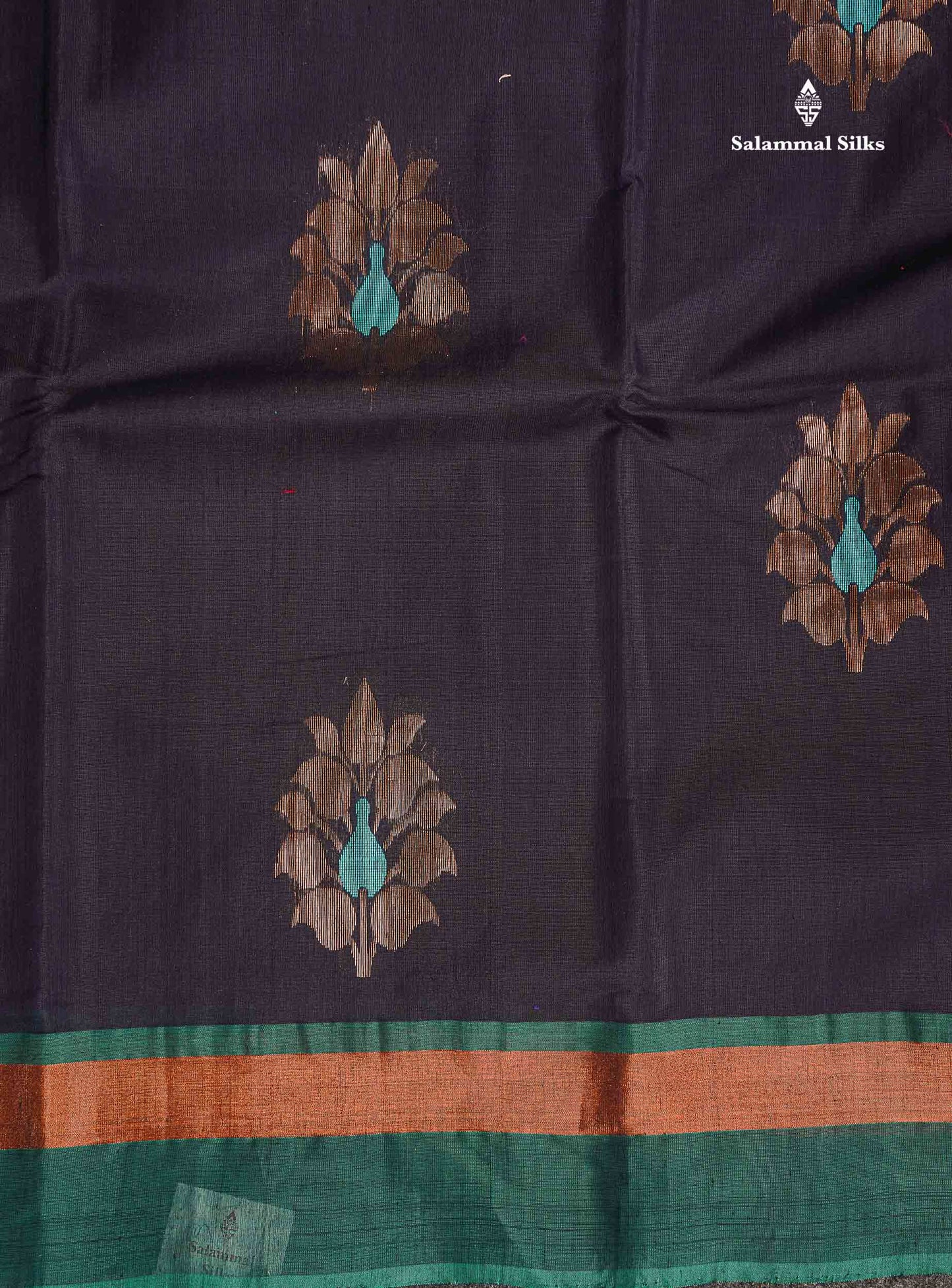 SICO Cotton Saree - Dark Navy Blue Colour Body Zari Butta With Sapphire Green Blouse