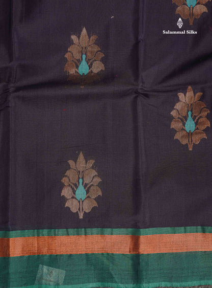 SICO Cotton Saree - Dark Navy Blue Colour Body Zari Butta With Sapphire Green Blouse