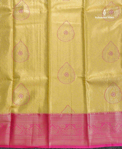 Tissue Semi Silk Saree - Yellow Colour Body With Contrast Pink Border
