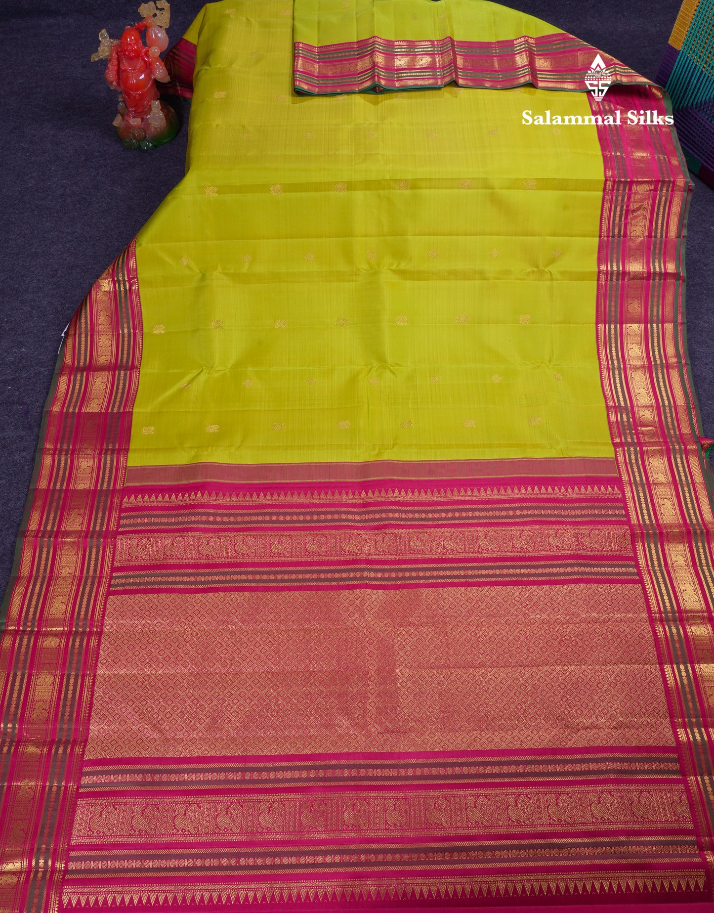 Korvai Beautiful Manthulir Yellow Pure Kanjivaram Silk Saree With Contrast Pink Traditional Border