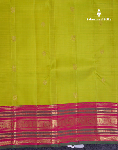 Korvai Beautiful Manthulir Yellow Pure Kanjivaram Silk Saree With Contrast Pink Traditional Border