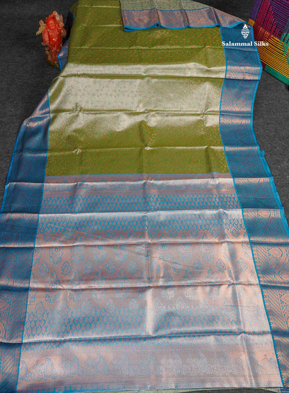 Tissue Semi Silk Saree - Olive Green Colour Body With Contrast Blue Border