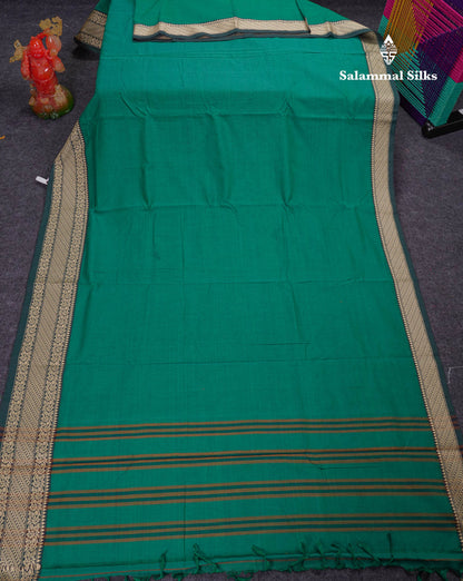 Beautiful Sapphire Green Plain Pure Cotton Saree With Traditional Thread Work Border