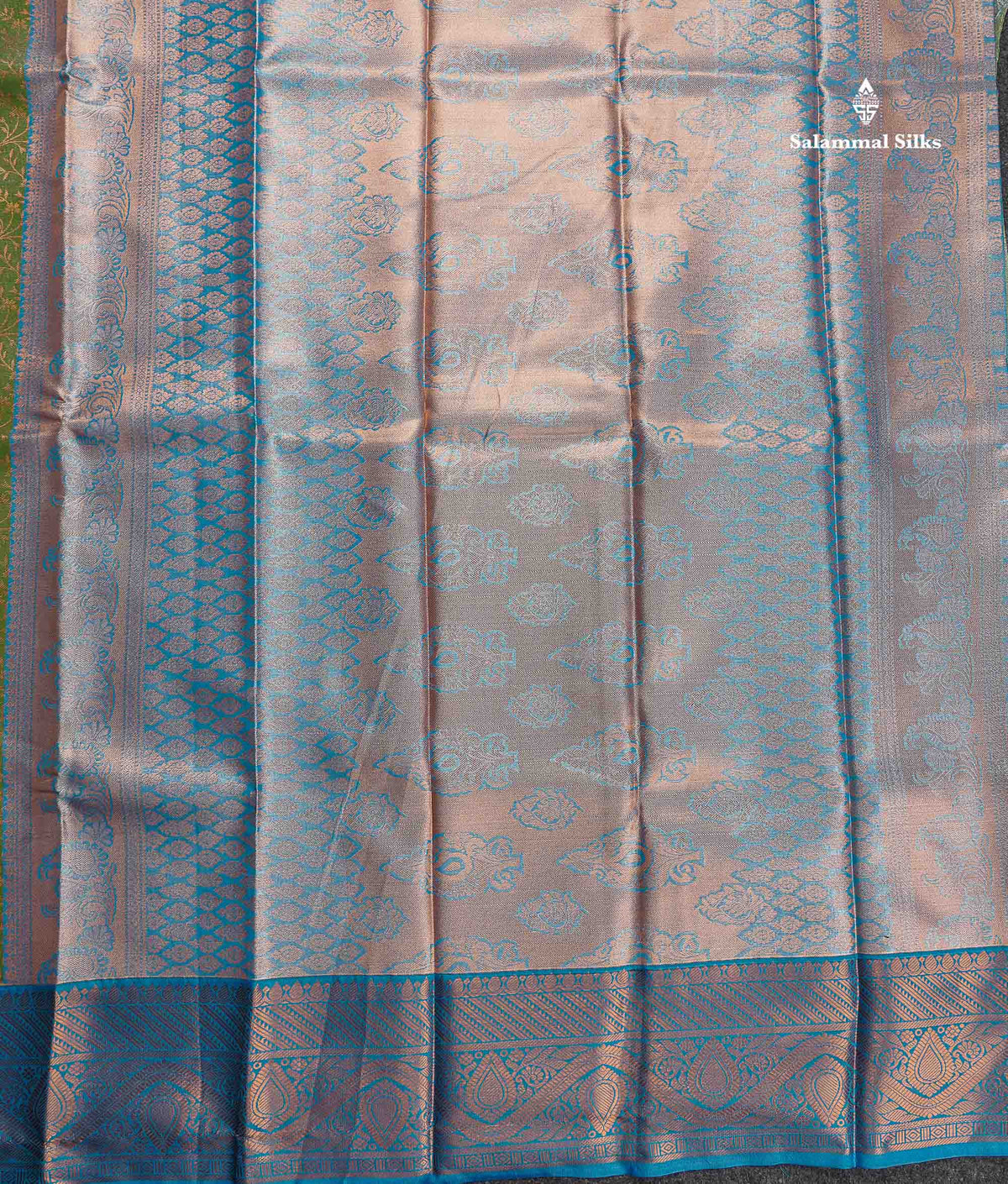 Tissue Semi Silk Saree - Olive Green Colour Body With Contrast Blue Border