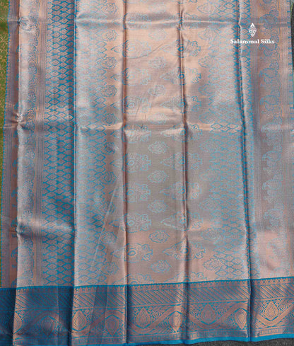 Tissue Semi Silk Saree - Olive Green Colour Body With Contrast Blue Border
