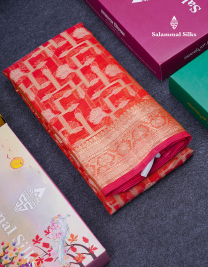 Beautiful Dual Tone Pinkish Orange Fancy Kota Mix Saree With Self Designer Blouse