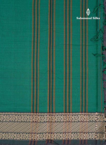 Beautiful Sapphire Green Plain Pure Cotton Saree With Traditional Thread Work Border
