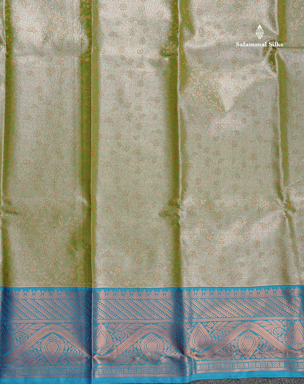 Tissue Semi Silk Saree - Olive Green Colour Body With Contrast Blue Border