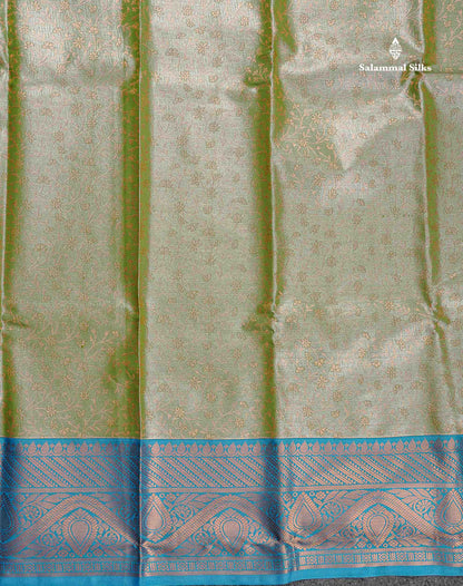 Tissue Semi Silk Saree - Olive Green Colour Body With Contrast Blue Border
