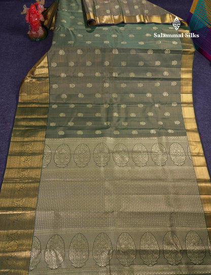 Beautiful Bottle Green Tiny Zari Checks With Butta Pure Kanjivaram Silk Saree With Traditional Evening Morning Border
