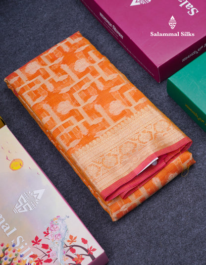 Beautiful Dual Tone Pinkish Orange Fancy Kota Mix Saree With Self Designer Blouse