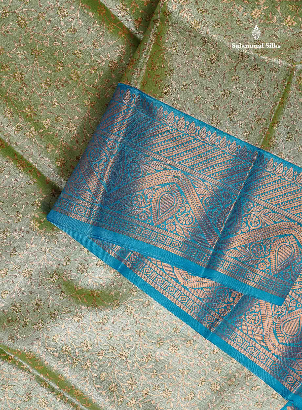 Tissue Semi Silk Saree - Olive Green Colour Body With Contrast Blue Border