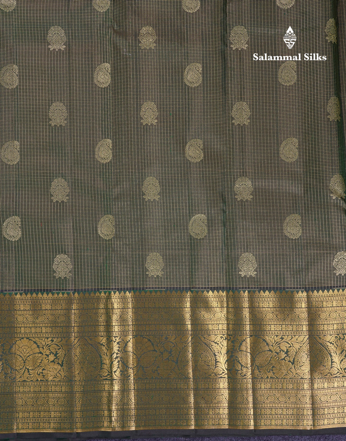 Beautiful Bottle Green Tiny Zari Checks With Butta Pure Kanjivaram Silk Saree With Traditional Evening Morning Border