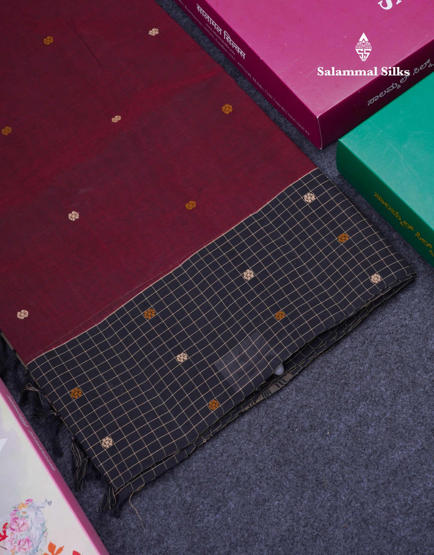 Beautiful Elephant Grey Thread Butta Pure Cotton Saree With Contrast Black Small Checks One Side Border
