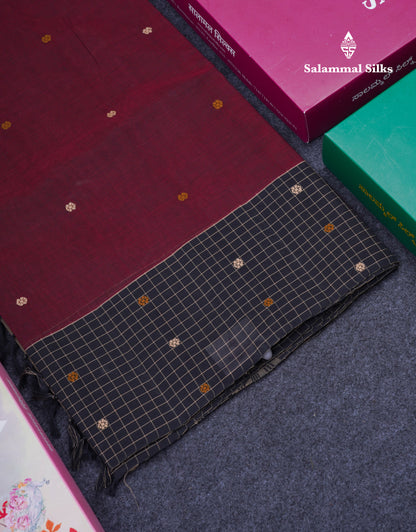 Beautiful Elephant Grey Thread Butta Pure Cotton Saree With Contrast Black Small Checks One Side Border