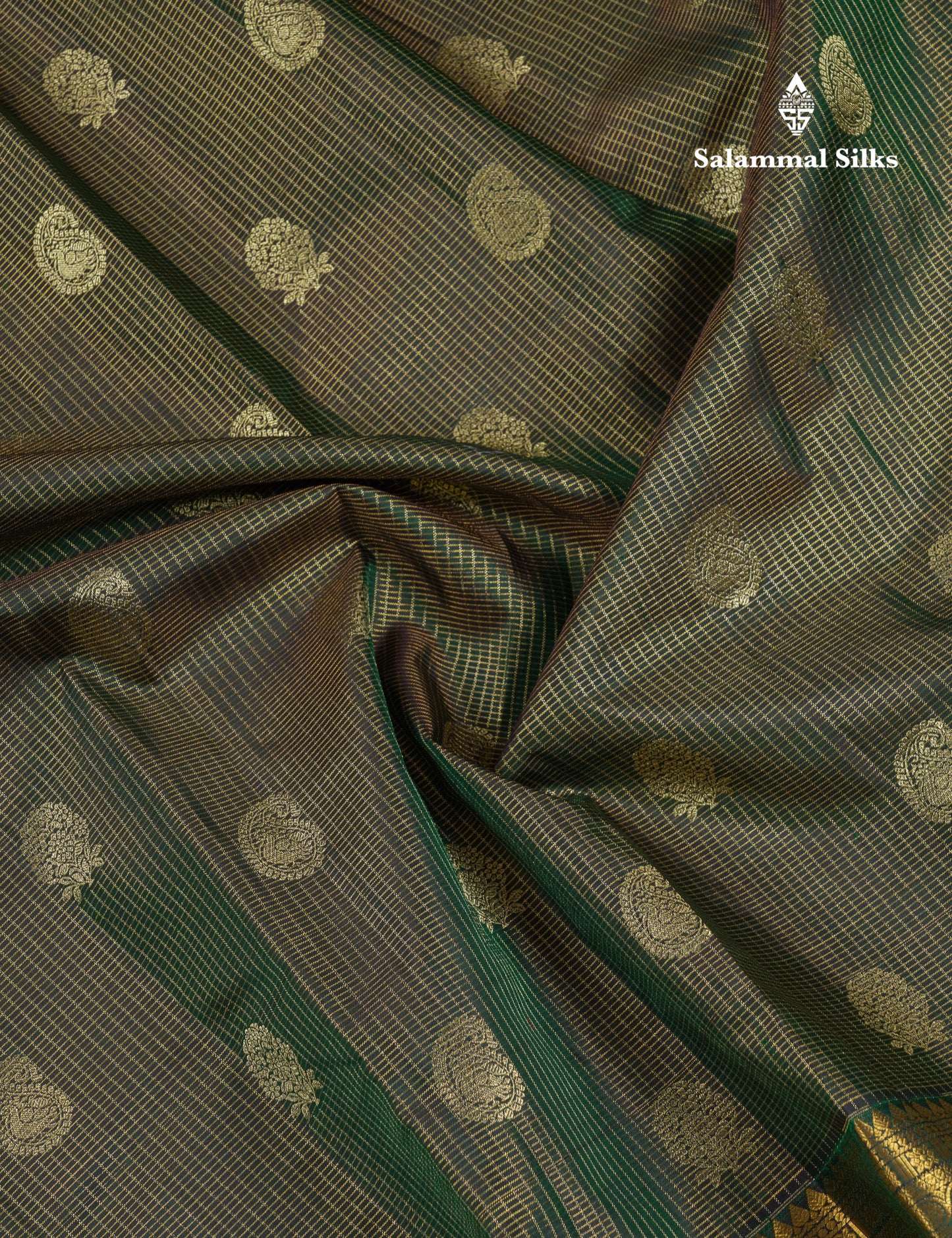 Beautiful Bottle Green Tiny Zari Checks With Butta Pure Kanjivaram Silk Saree With Traditional Evening Morning Border