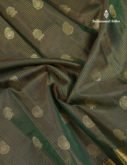 Beautiful Bottle Green Tiny Zari Checks With Butta Pure Kanjivaram Silk Saree With Traditional Evening Morning Border