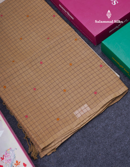Dual Tine Peacock Green Butta & Dark Purple Checks With Butta Half And Half Pure Cotton Saree With Contrast Dark Purple Blouse