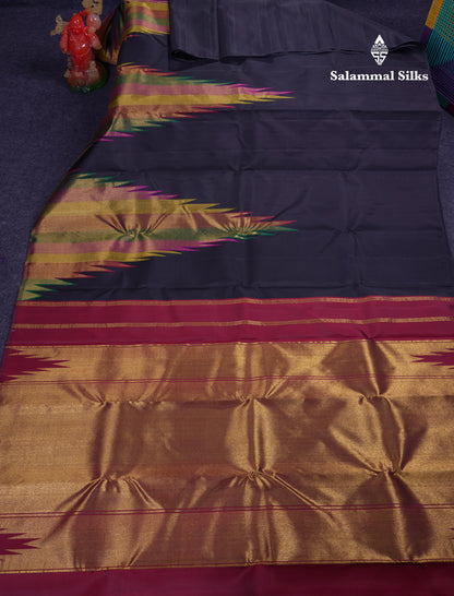 Beautiful 8Kol Black Pure Kanjivaram Silk Saree With Traditional Temple Border