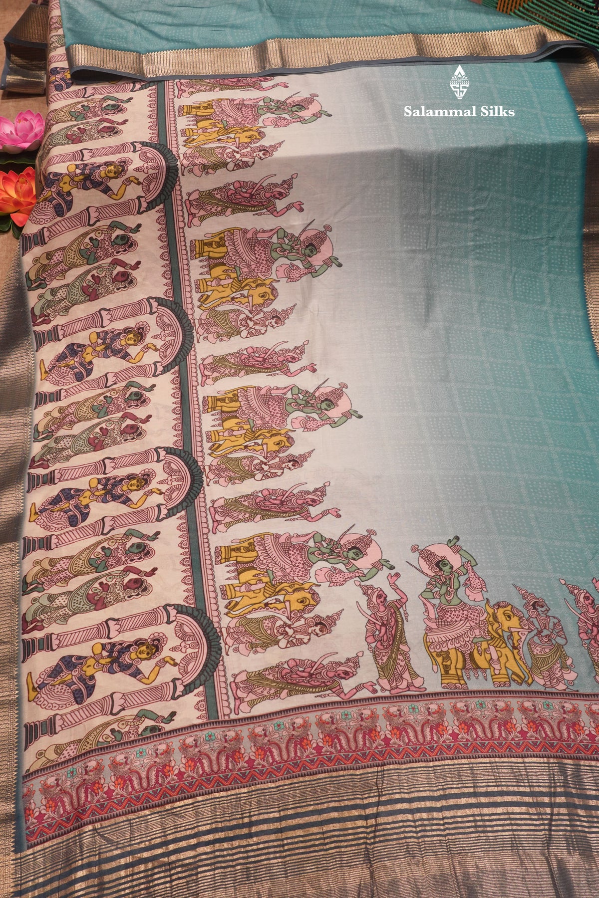 Viscose  KalamKari Saree Light Blue With Gold Zari Border