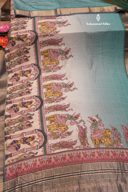 Viscose  KalamKari Saree Light Blue With Gold Zari Border