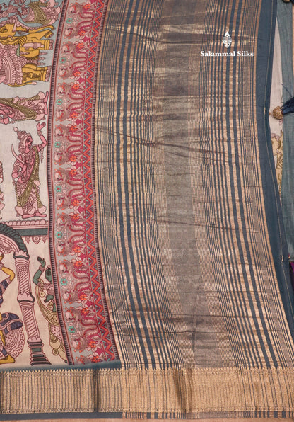 Viscose  KalamKari Saree Light Blue With Gold Zari Border