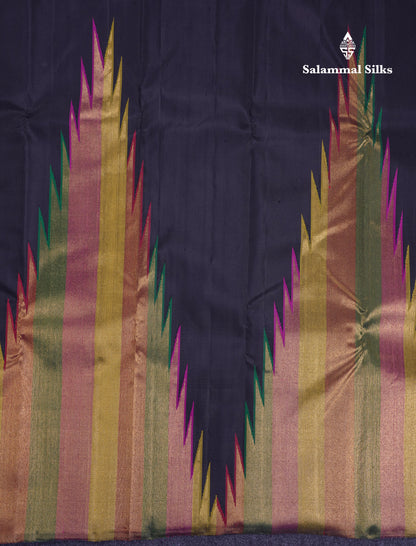 Beautiful 8Kol Black Pure Kanjivaram Silk Saree With Traditional Temple Border