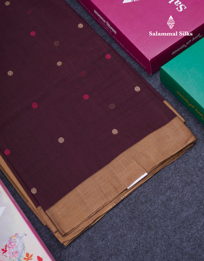 Beautiful Dark Brown Thread Work Butta Pure Cotton Saree With Contrast Dark Sandal Border