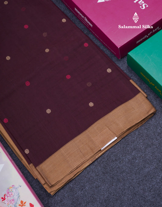 Beautiful Dark Brown Thread Work Butta Pure Cotton Saree With Contrast Dark Sandal Border