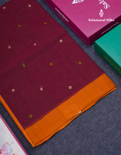 Beautiful Dark Brown Thread Work Butta Pure Cotton Saree With Contrast Dark Sandal Border