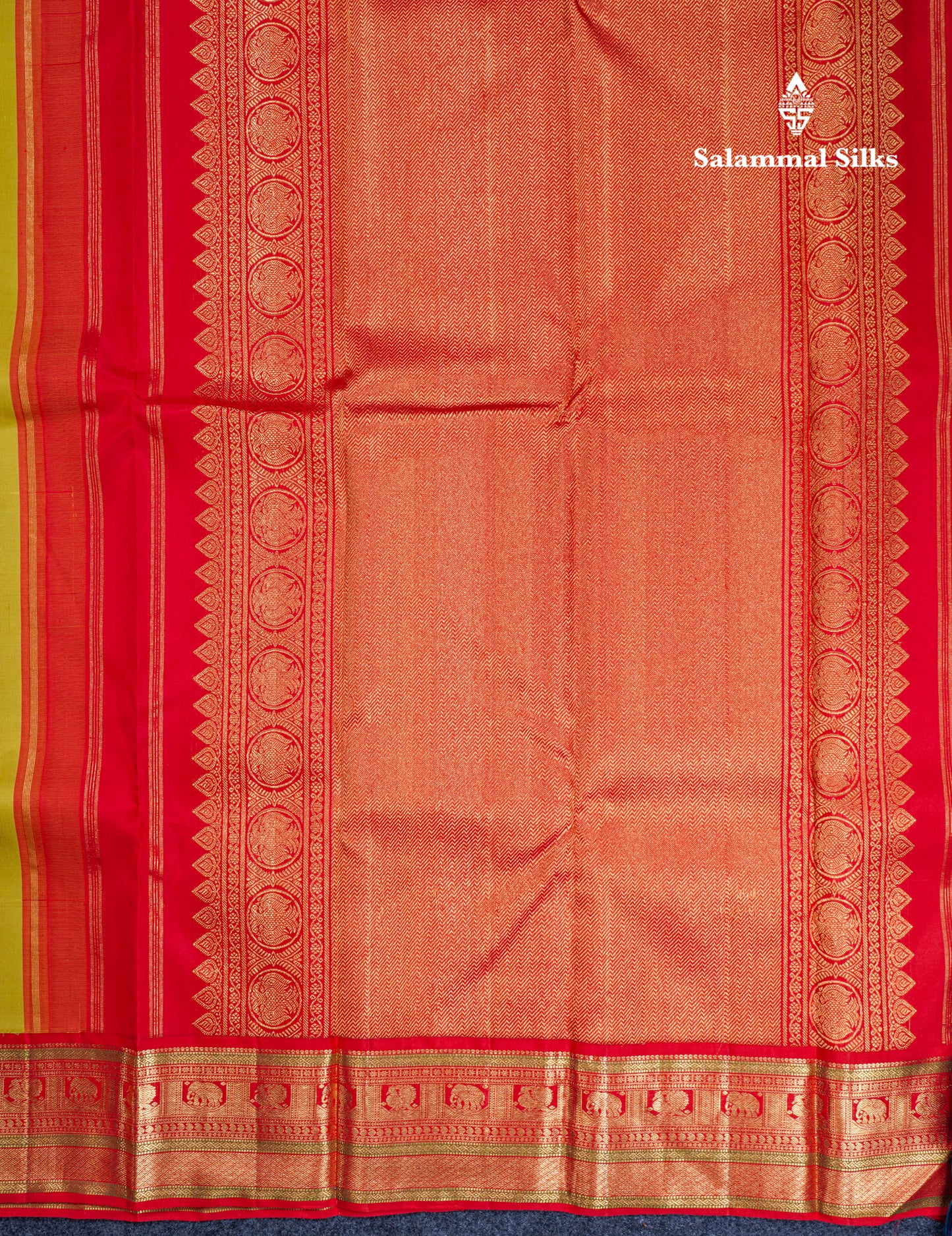 Manthulir Yellow Pure Kanjivaram Silk Saree With Contrast Chilly Red Traditional Border