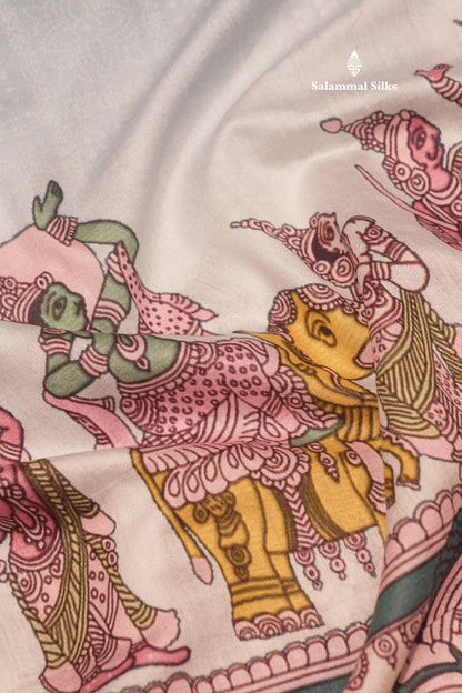 Viscose  KalamKari Saree Light Blue With Gold Zari Border