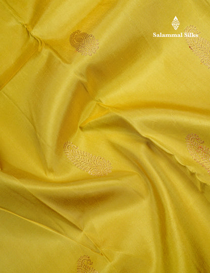 Manthulir Yellow Pure Kanjivaram Silk Saree With Contrast Chilly Red Traditional Border
