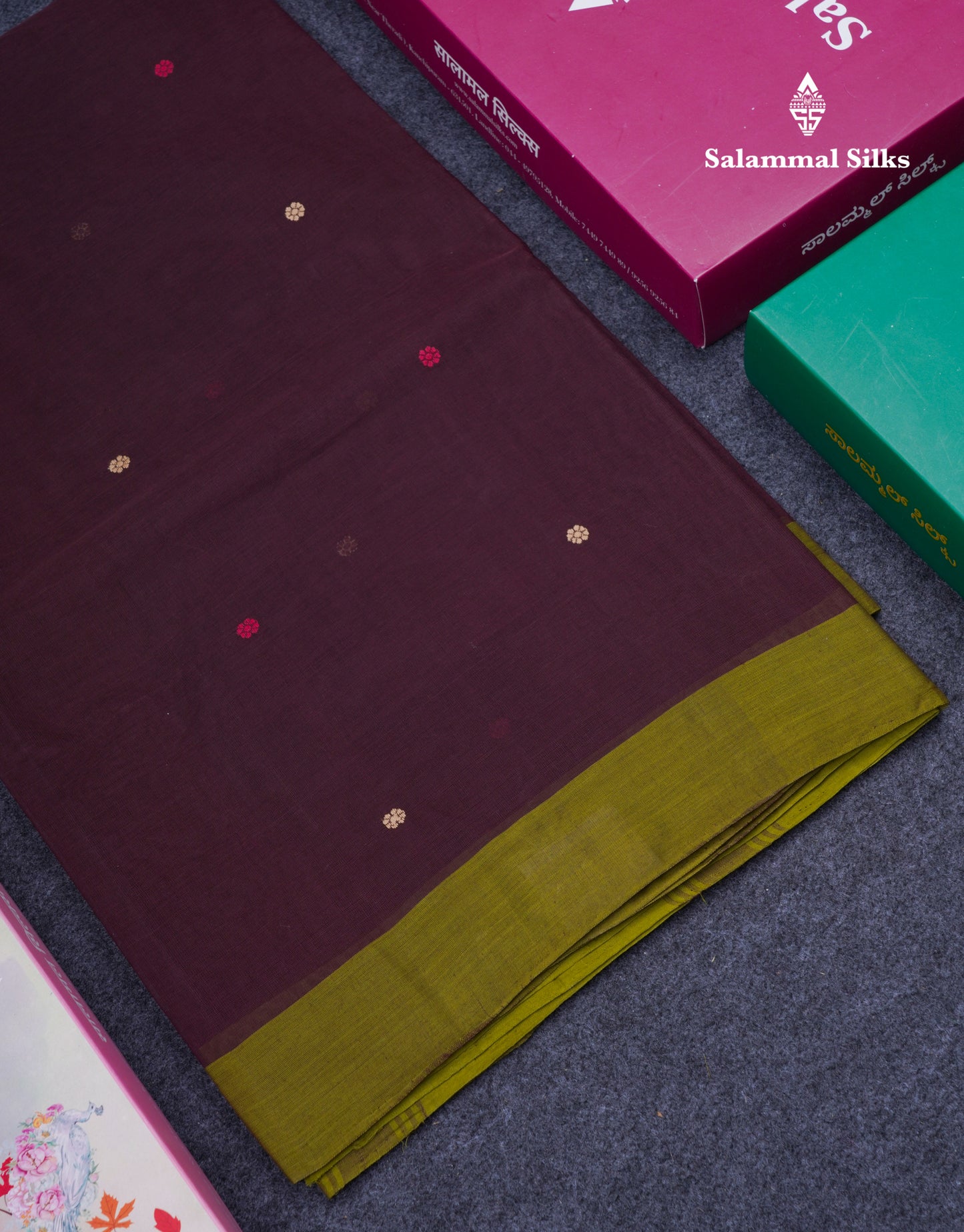 Beautiful Dark Brown Thread Work Butta Pure Cotton Saree With Contrast Dark Sandal Border