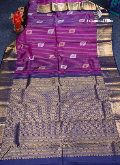 Magenta Pure Kanjivaram Silk Saree With Contrast Navy Blue Border