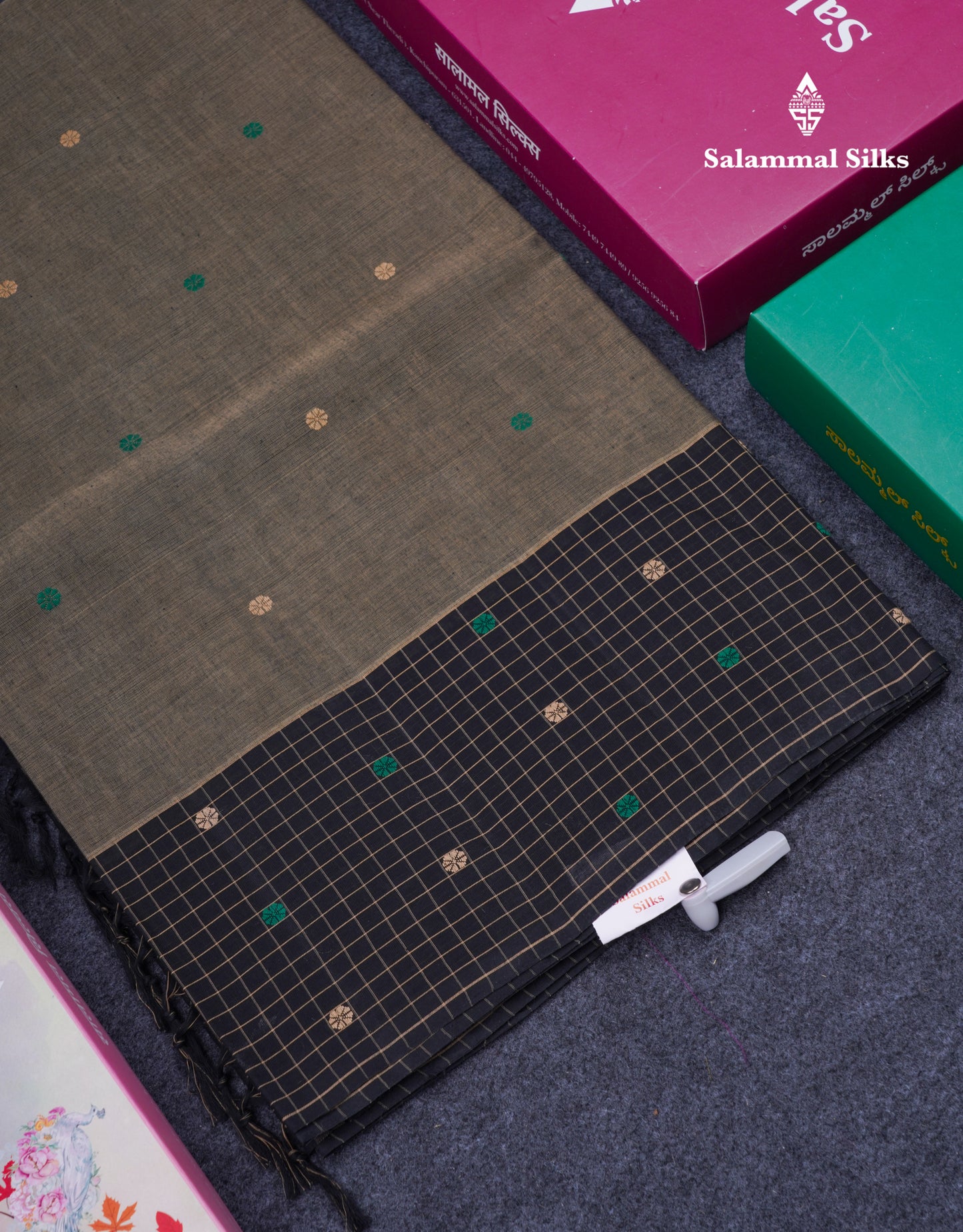 Beautiful Elephant Grey Thread Butta Pure Cotton Saree With Contrast Black Small Checks One Side Border