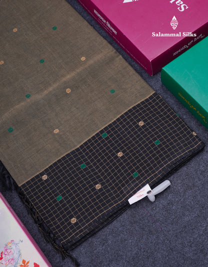 Beautiful Elephant Grey Thread Butta Pure Cotton Saree With Contrast Black Small Checks One Side Border