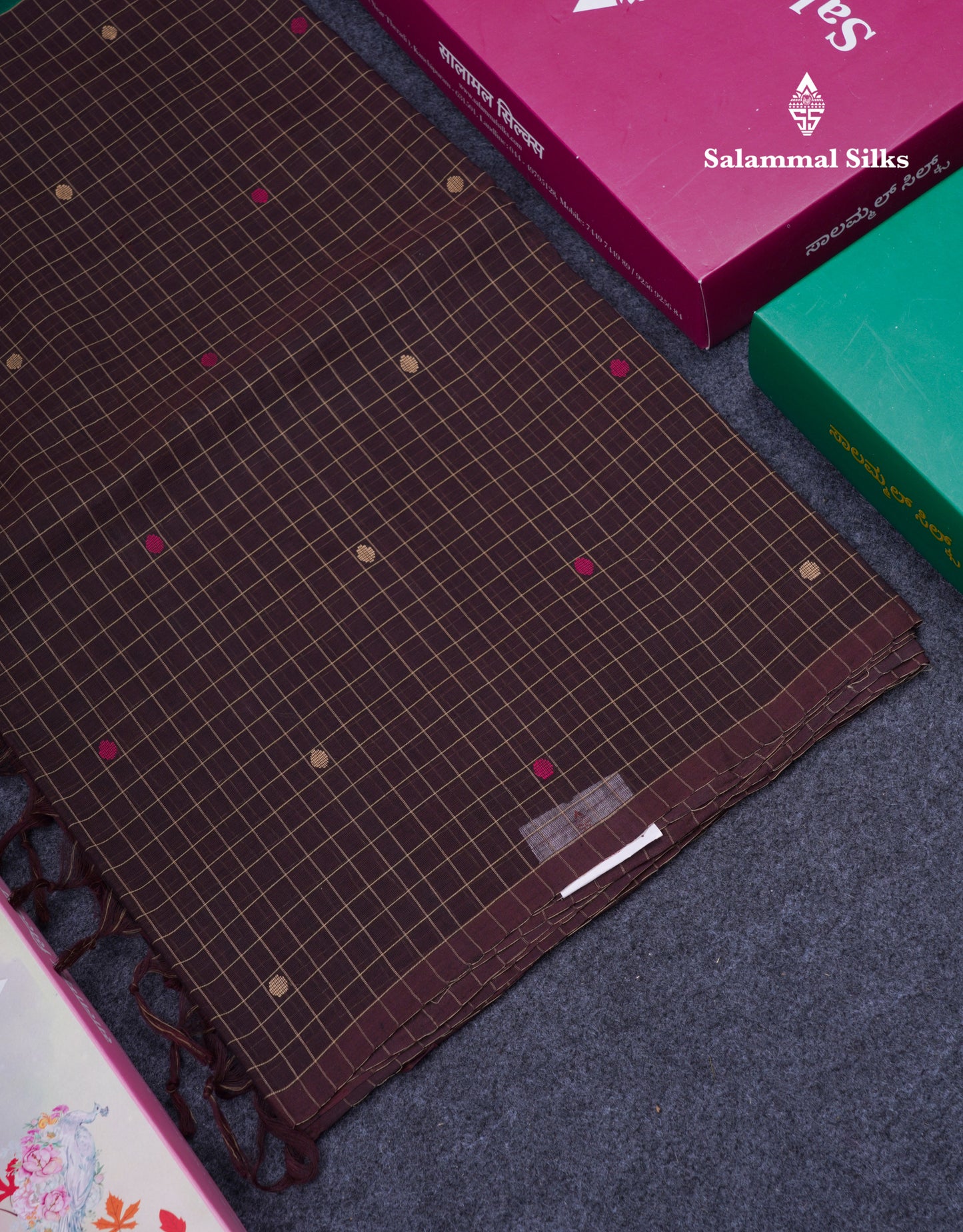 Dual Tine Peacock Green Butta & Dark Purple Checks With Butta Half And Half Pure Cotton Saree With Contrast Dark Purple Blouse