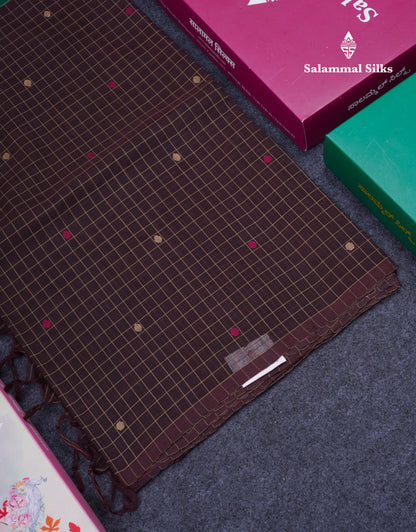 Dual Tine Peacock Green Butta & Dark Purple Checks With Butta Half And Half Pure Cotton Saree With Contrast Dark Purple Blouse