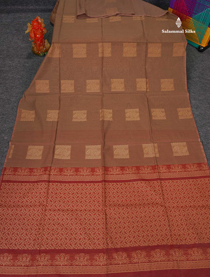 Cora Cotton Saree - Light Chocolate Colour Body Thread Butta With Contrast Maroon Blouse