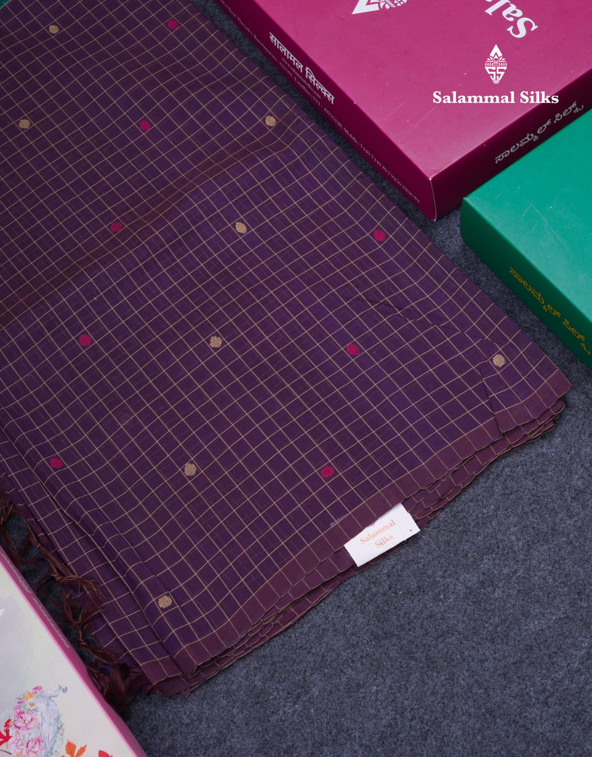 Dual Tine Peacock Green Butta & Dark Purple Checks With Butta Half And Half Pure Cotton Saree With Contrast Dark Purple Blouse