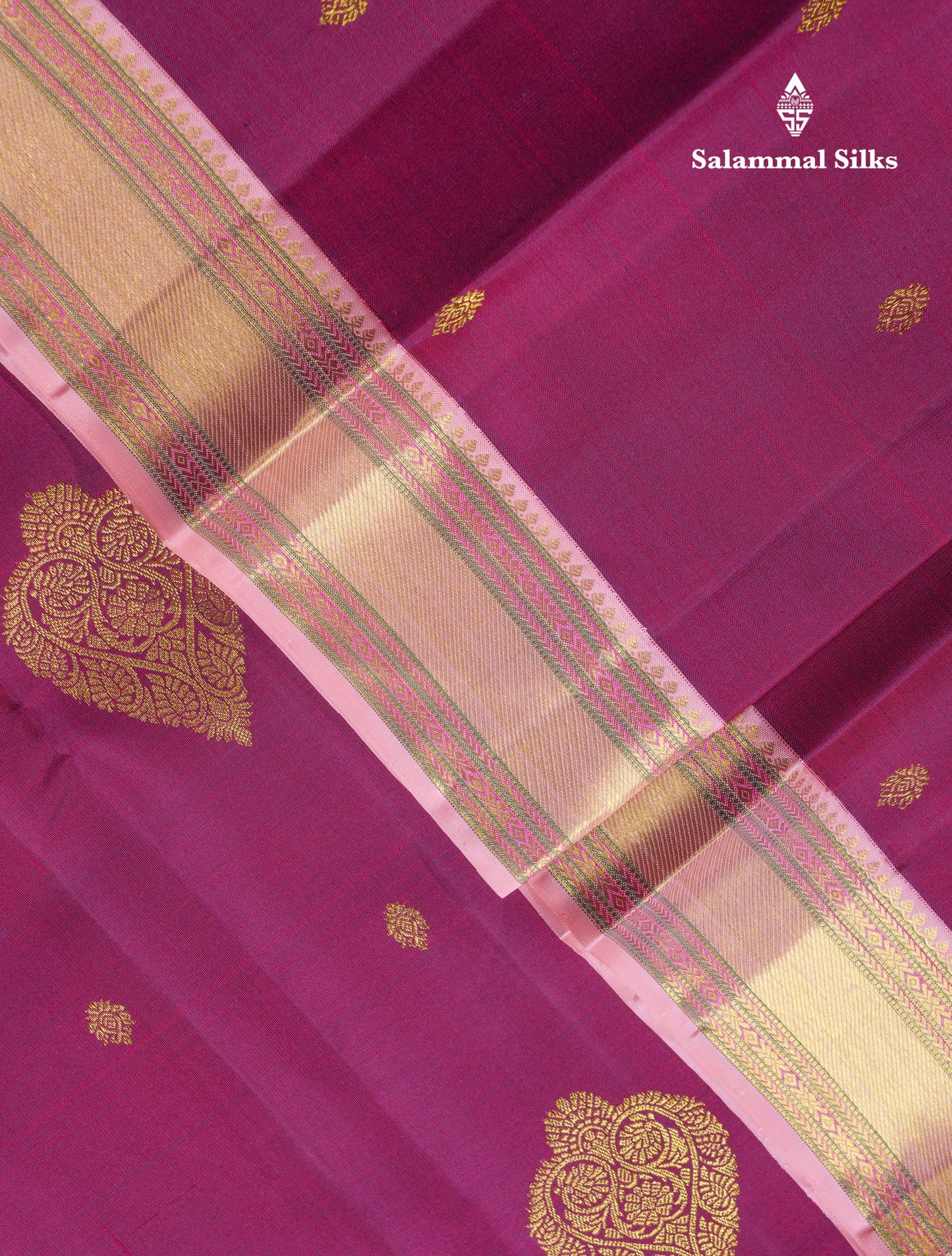 Korvai Beautiful Magenta Pure Kanjivaram Silk Saree With Contrast Dark Peach Traditional Evening Morning Border