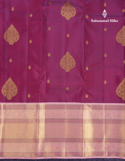 Korvai Beautiful Magenta Pure Kanjivaram Silk Saree With Contrast Dark Peach Traditional Evening Morning Border