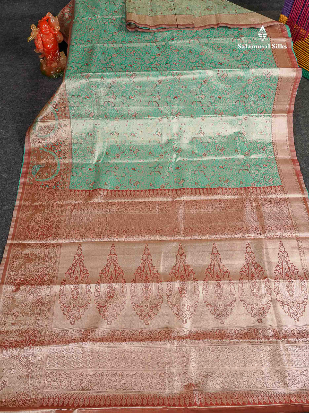 Tissue Semi Silk Saree - Sea Green Colour Body With Contrast Light Brown Fancy Border