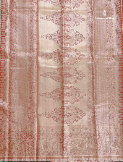 Tissue Semi Silk Saree - Sea Green Colour Body With Contrast Light Brown Fancy Border