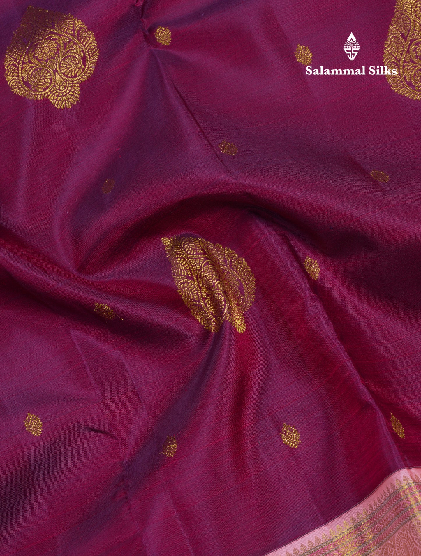 Korvai Beautiful Magenta Pure Kanjivaram Silk Saree With Contrast Dark Peach Traditional Evening Morning Border